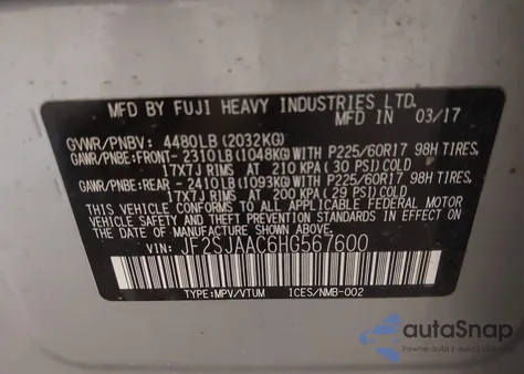 2017 Subaru Forester 2.5I from USA, damaged, VIN JF2SJAAC6HG567600